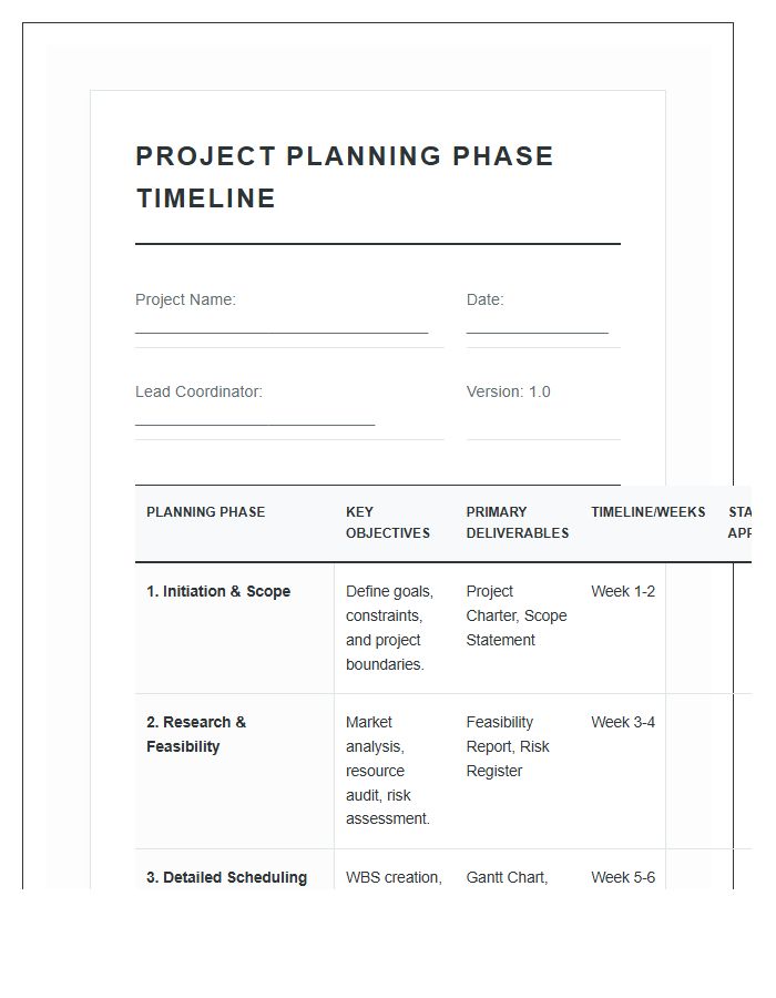 Systematic Project Planning Phase Timeline Printable Chart