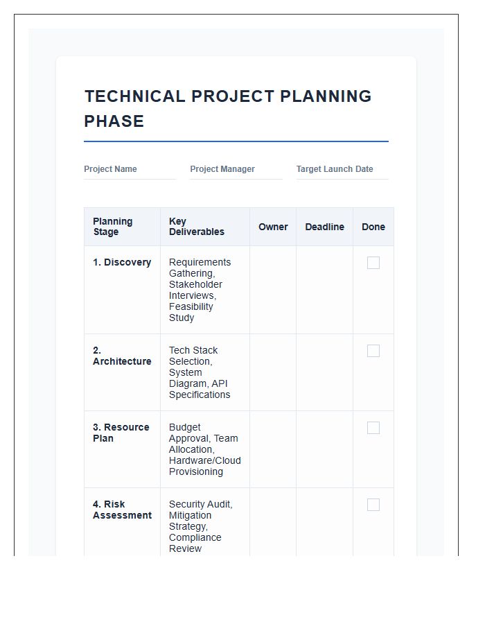 Technical Project Planning Phase Timeline Printable Chart