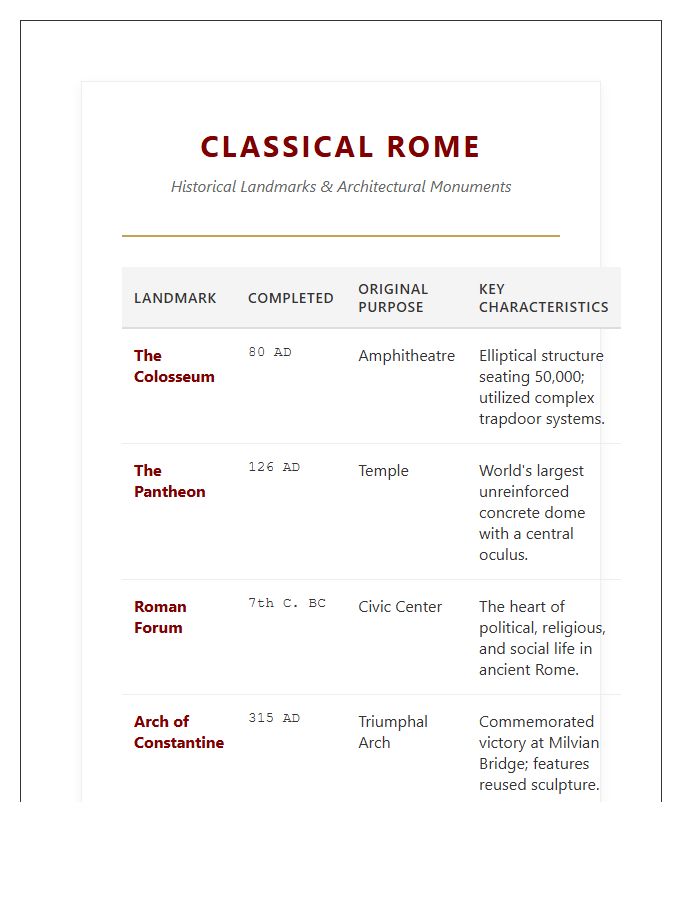 Classical Rome Historical Landmarks Printable Chart