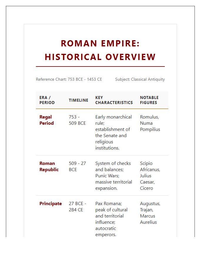 Complete Roman Empire Overview Printable Chart