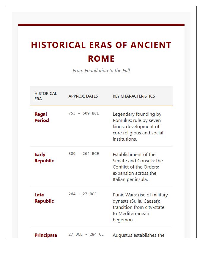 Historical Eras Of Ancient Rome Printable Chart