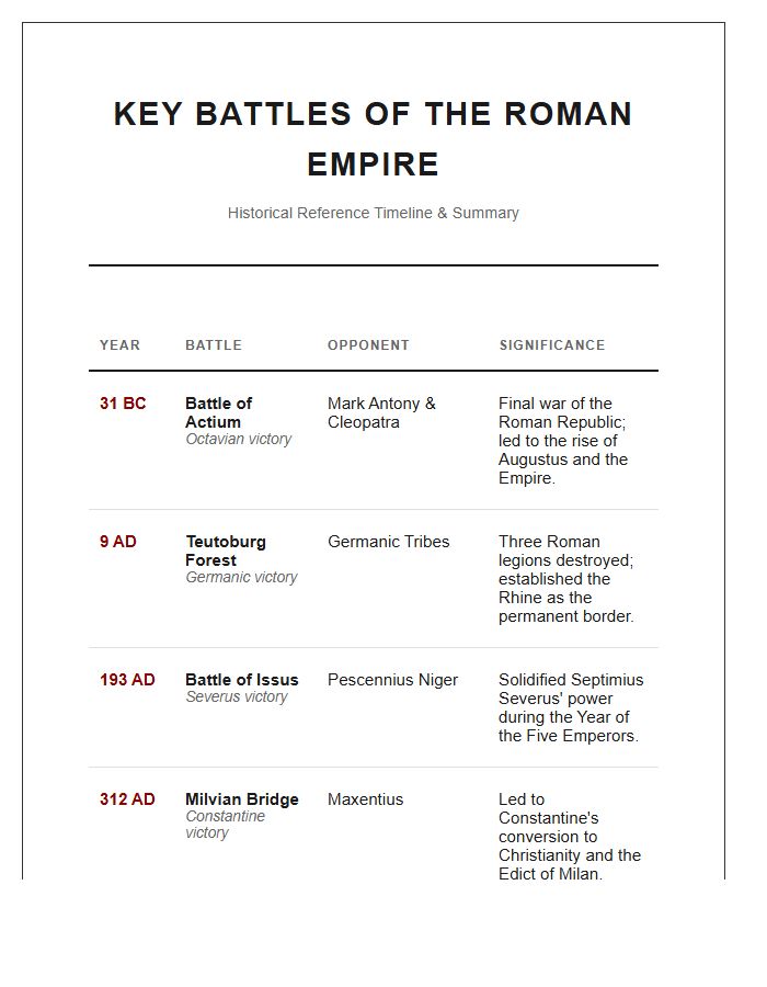 Key Battles Of The Roman Empire Printable Chart