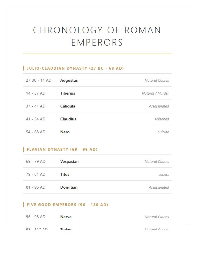 Roman Emperors Succession Timeline Printable Chart