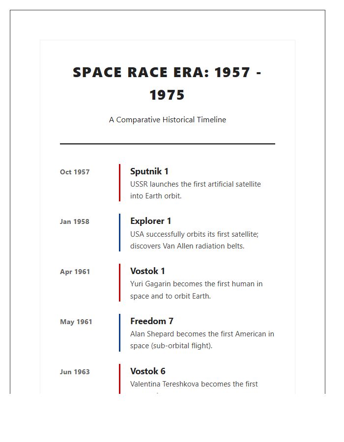 American Russian Space Race History Timeline Printable Chart