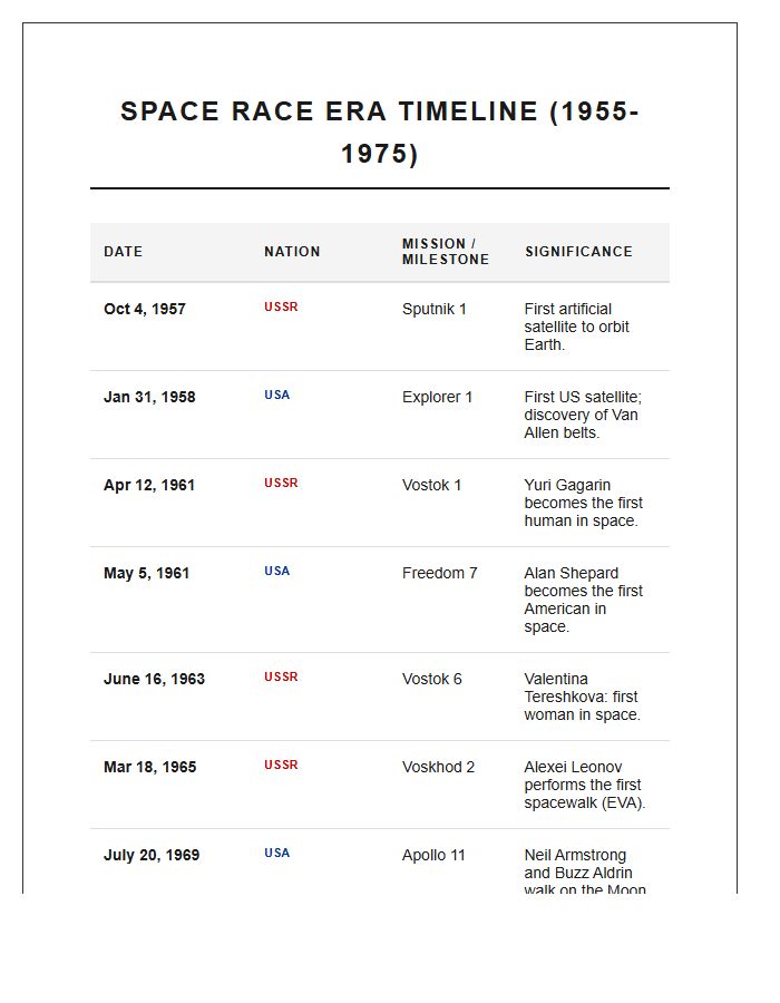 Cold War Space Race Timeline Printable Chart