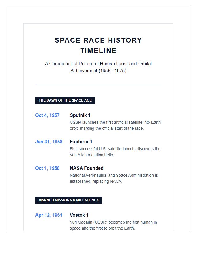 Comprehensive Space Race History Timeline Printable Chart