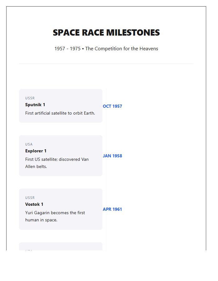 Space Race Milestones History Timeline Printable Chart