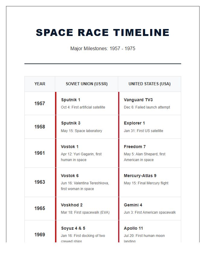 United States Soviet Union Space Race Timeline Printable Chart