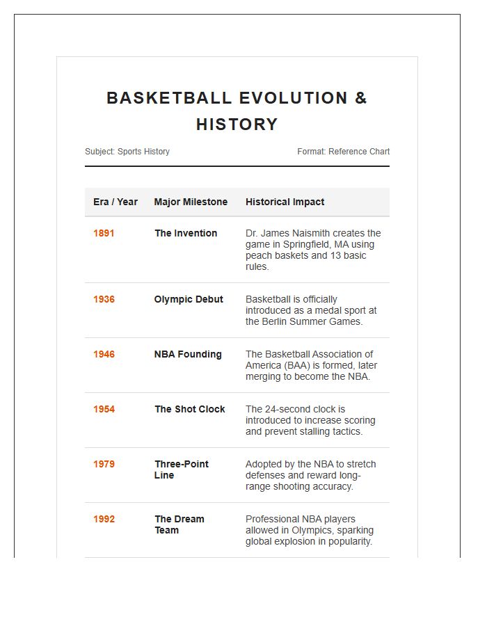 Basketball Evolution And History Printable Chart