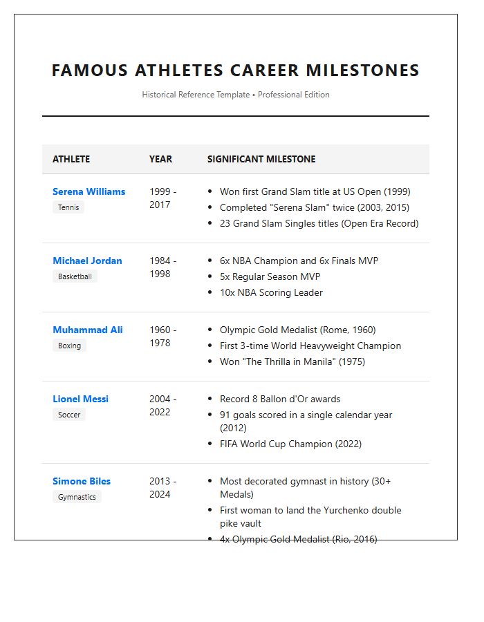 Famous Athletes Career Milestones Printable Chart