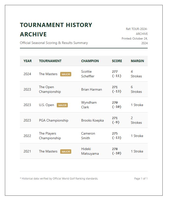 Professional Golf Tournament History Printable Chart