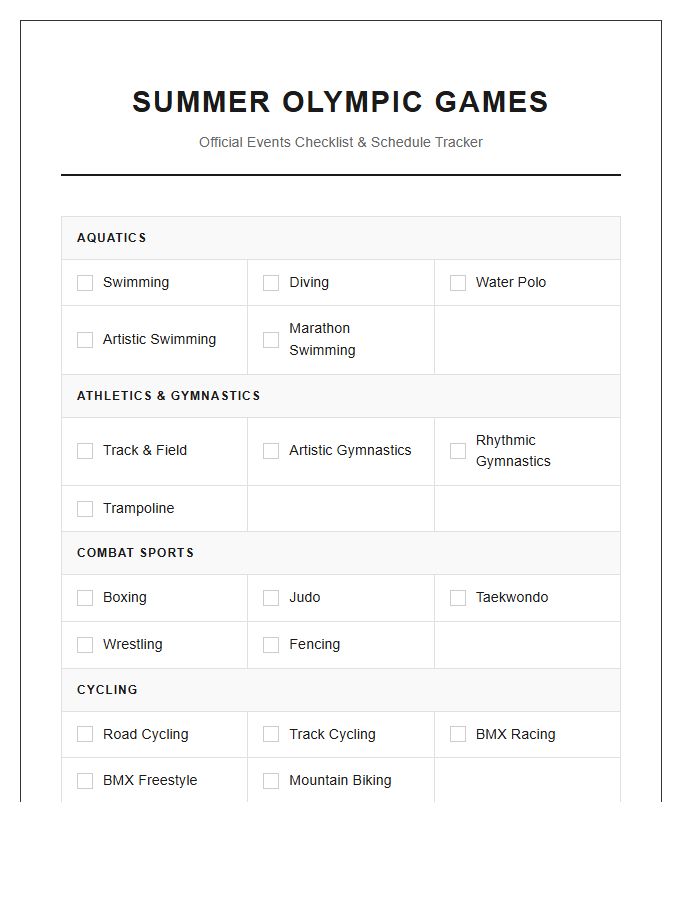 Summer Olympic Games Events Printable Chart