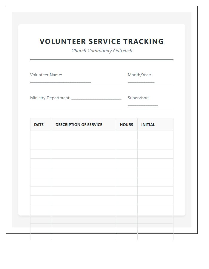Church Volunteer Hours Tracking Printable Chart