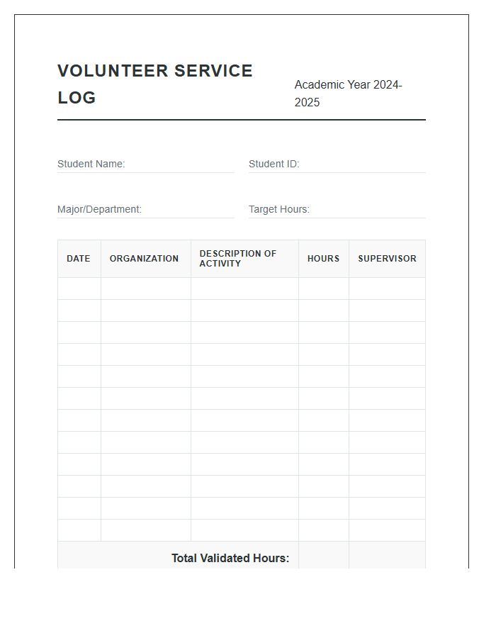 College Student Volunteer Hours Tracking Printable Chart