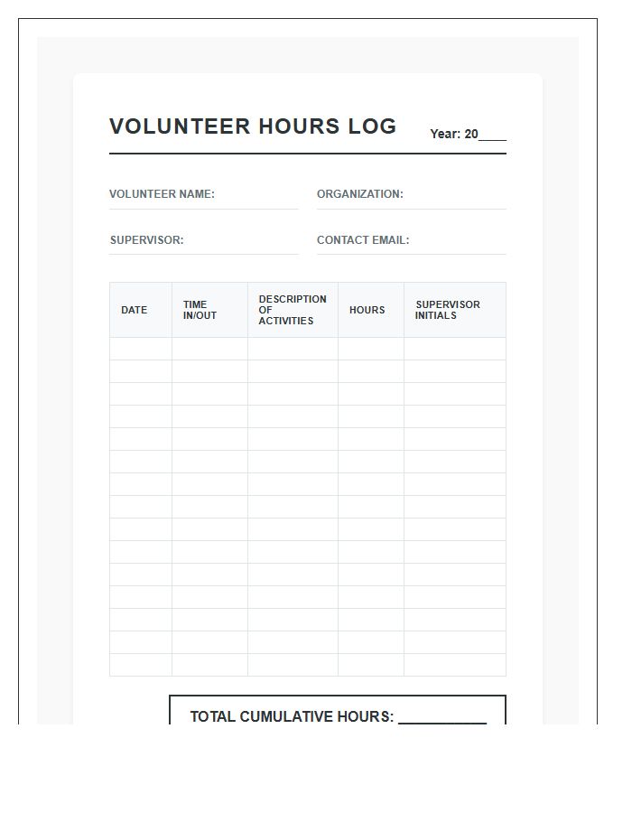 Detailed Volunteer Hours Tracking Printable Chart