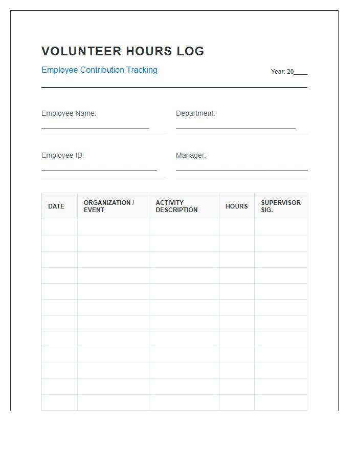 Employee Volunteer Hours Tracking Printable Chart
