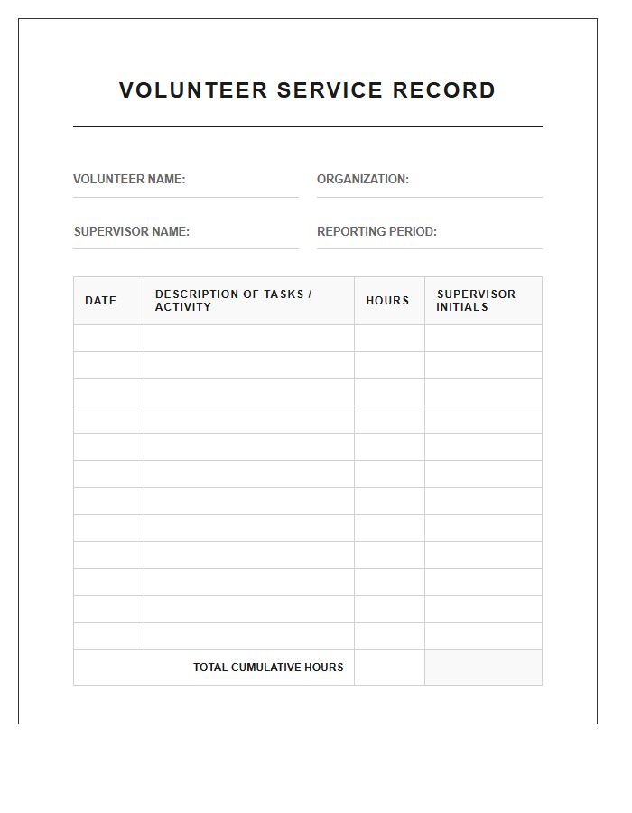Formal Volunteer Hours Tracking Printable Chart