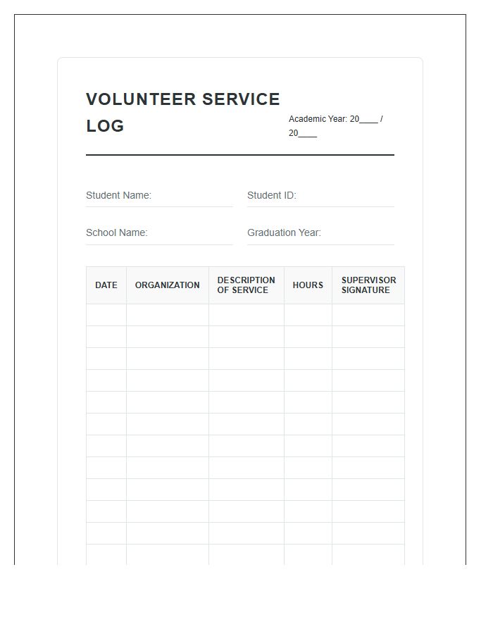 High School Volunteer Hours Tracking Printable Chart