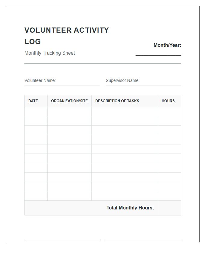 Monthly Volunteer Hours Tracking Printable Chart