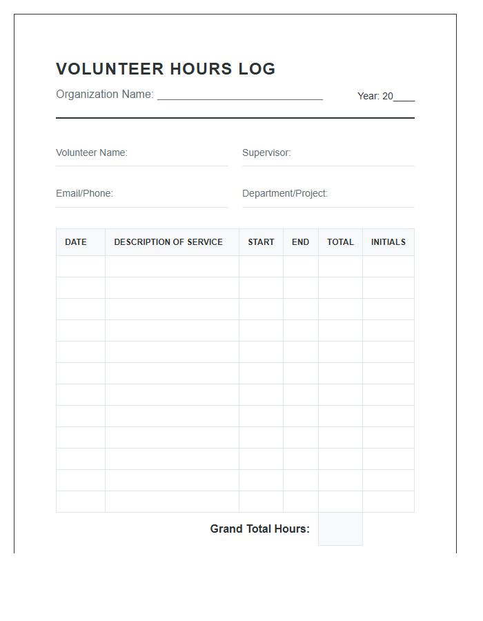 Nonprofit Volunteer Hours Tracking Printable Chart