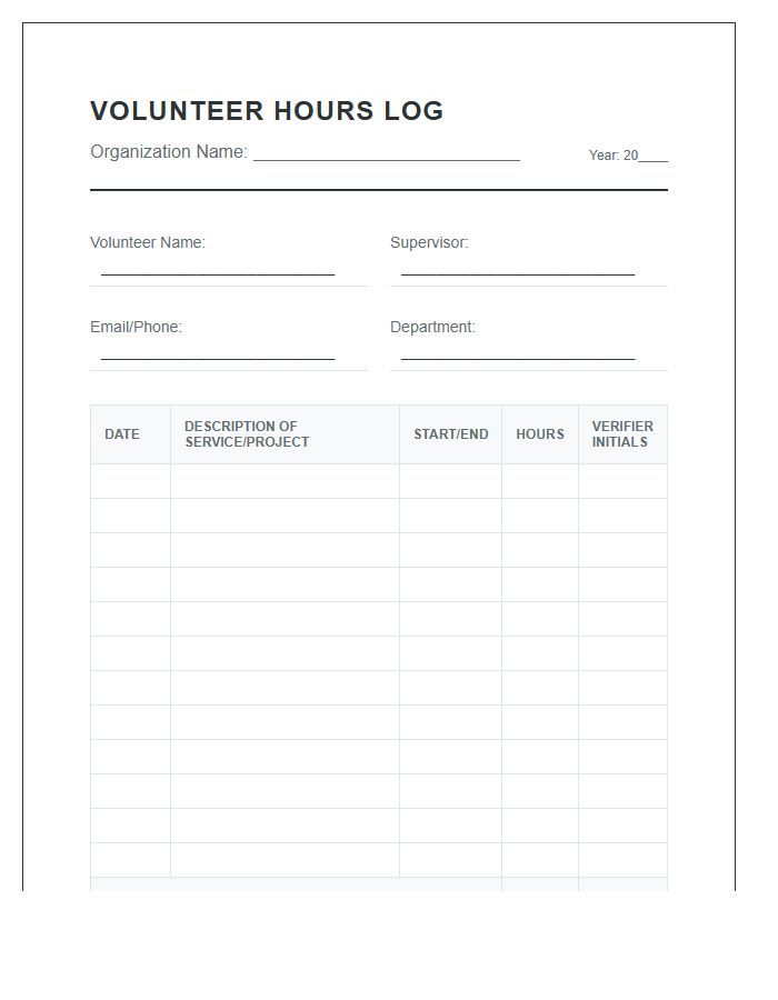 Organization Volunteer Hours Tracking Printable Chart