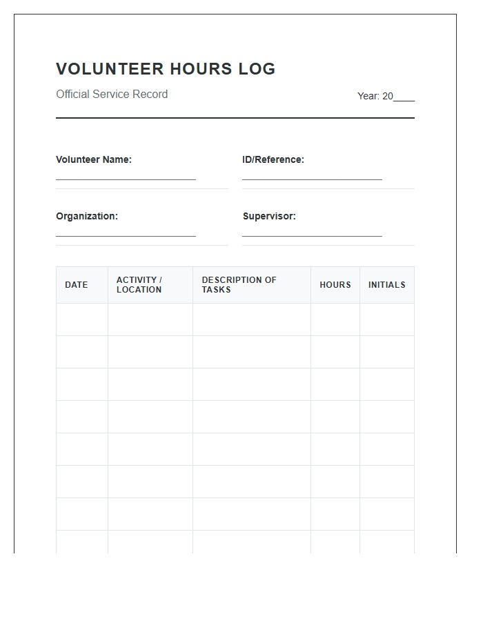 Professional Volunteer Hours Tracking Printable Chart
