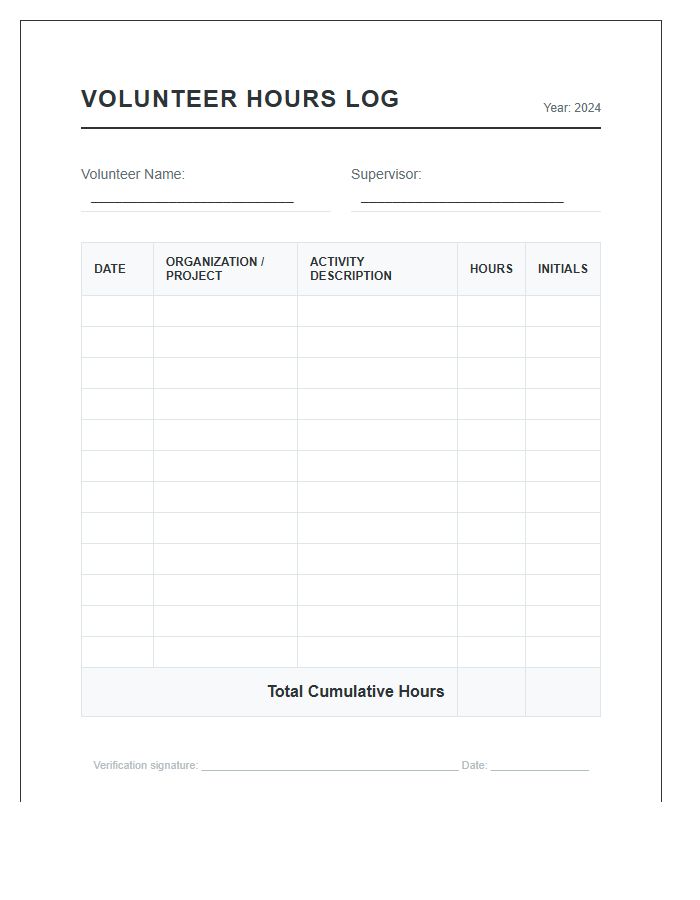 Simple Volunteer Hours Tracking Printable Chart