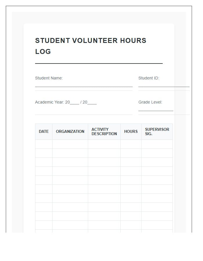 Student Volunteer Hours Tracking Printable Chart