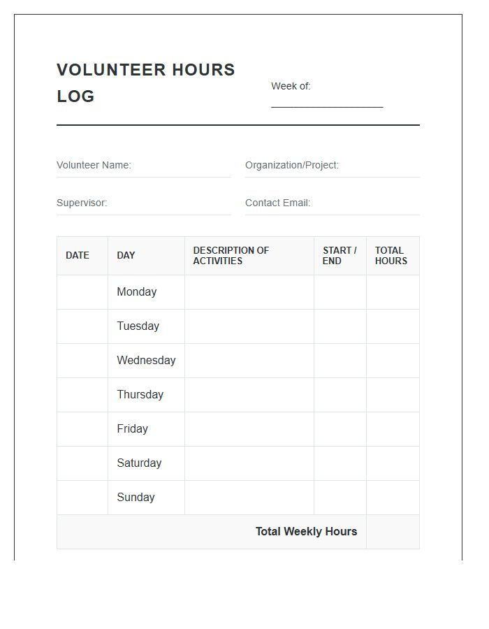 Weekly Volunteer Hours Tracking Printable Chart
