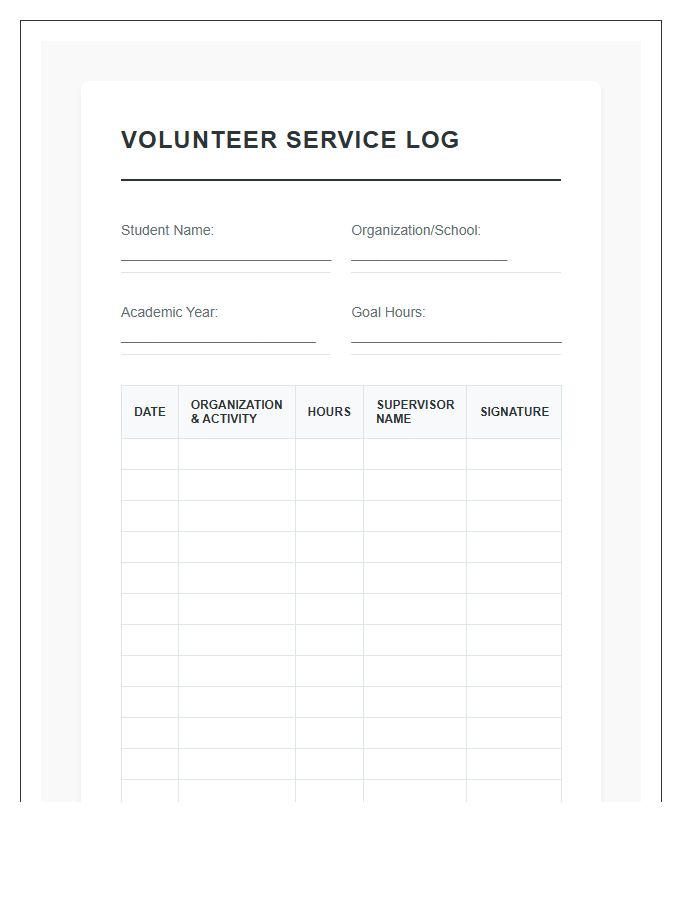 Youth Volunteer Hours Tracking Printable Chart
