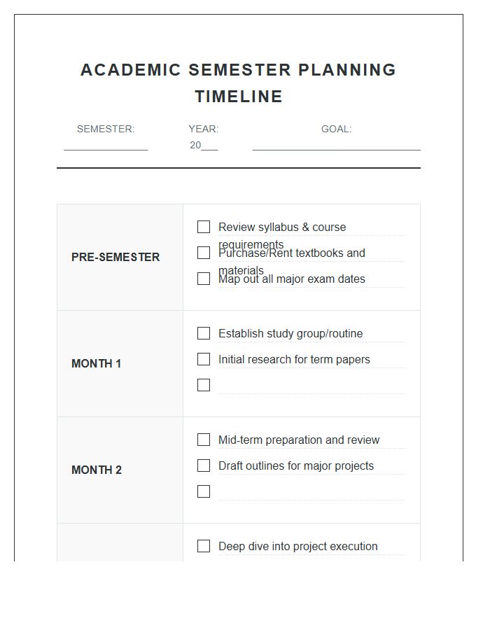 Academic Semester Planning Timeline Printable Chart