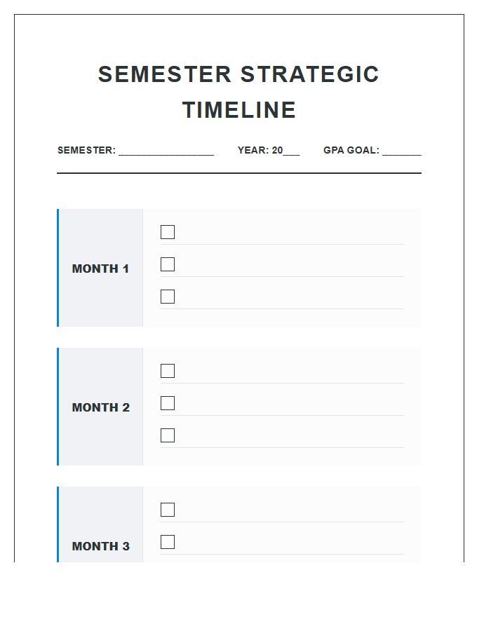 College Student Semester Goals Timeline Printable Chart