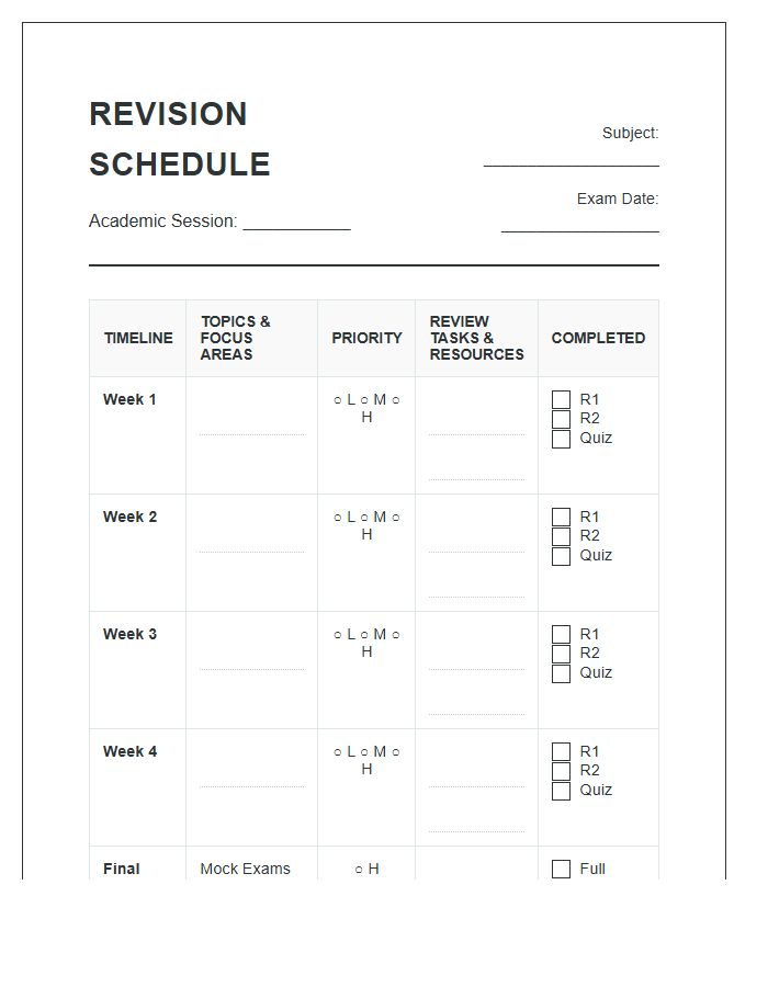 Comprehensive Revision Schedule Timeline Printable Chart