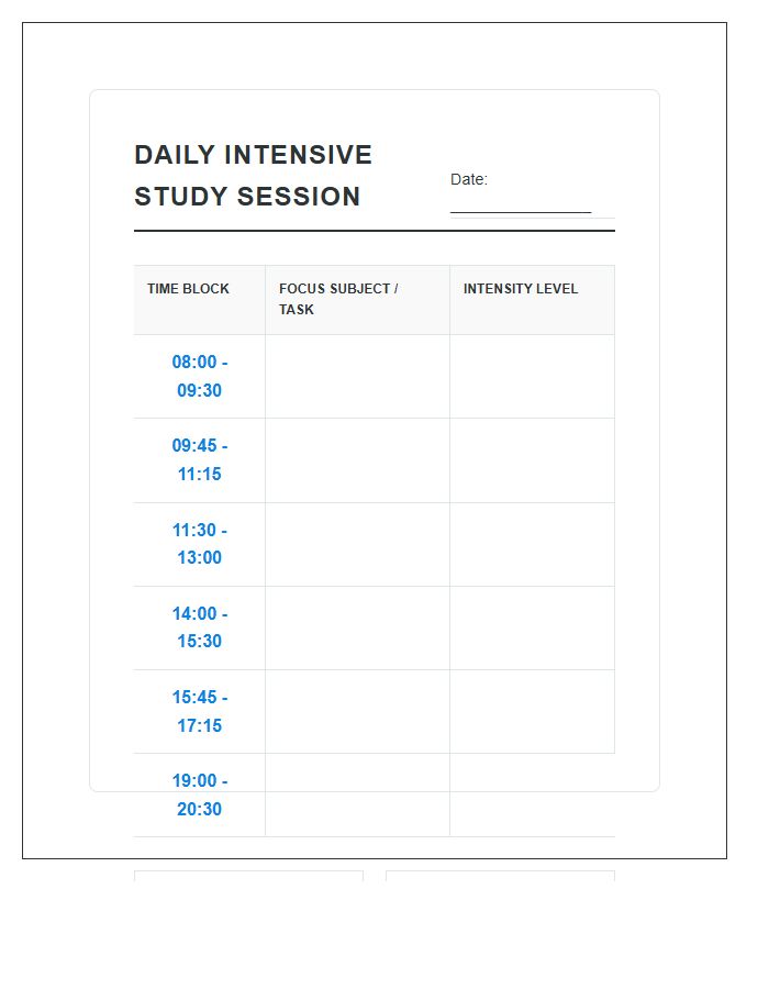 Daily Intensive Study Session Timeline Printable Chart