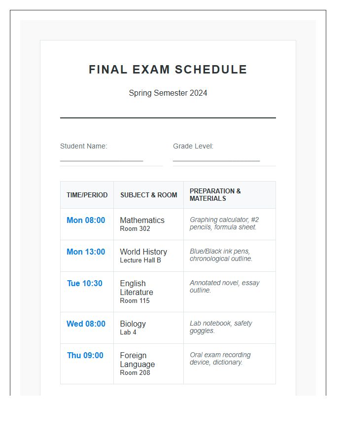 High School Final Exam Timeline Printable Chart