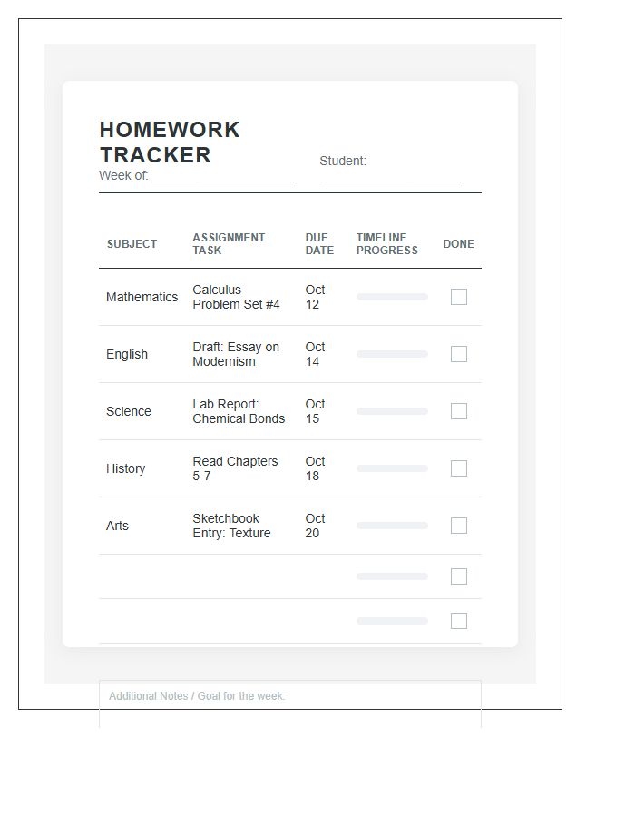 Homework Completion Tracking Timeline Printable Chart