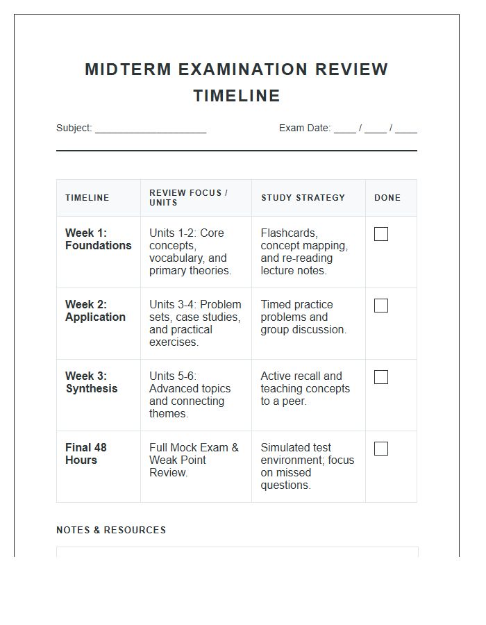 Midterm Examination Review Timeline Printable Chart