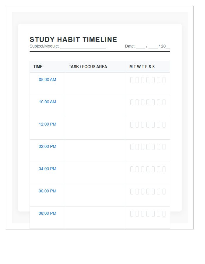 Organized Study Habit Timeline Printable Chart