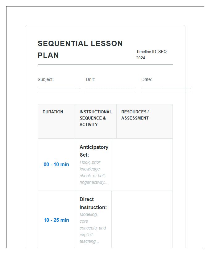 Sequential Lesson Planning Timeline Printable Chart