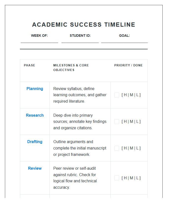 Structured Academic Success Timeline Printable Chart