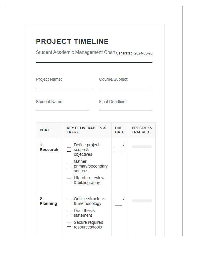 Student Project Management Timeline Printable Chart