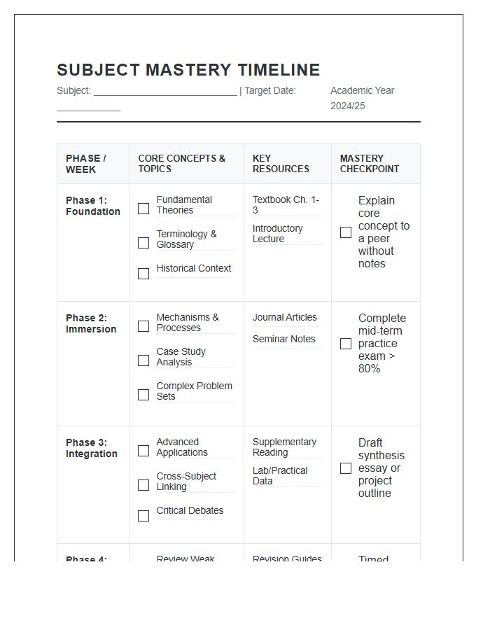 University Subject Mastery Timeline Printable Chart