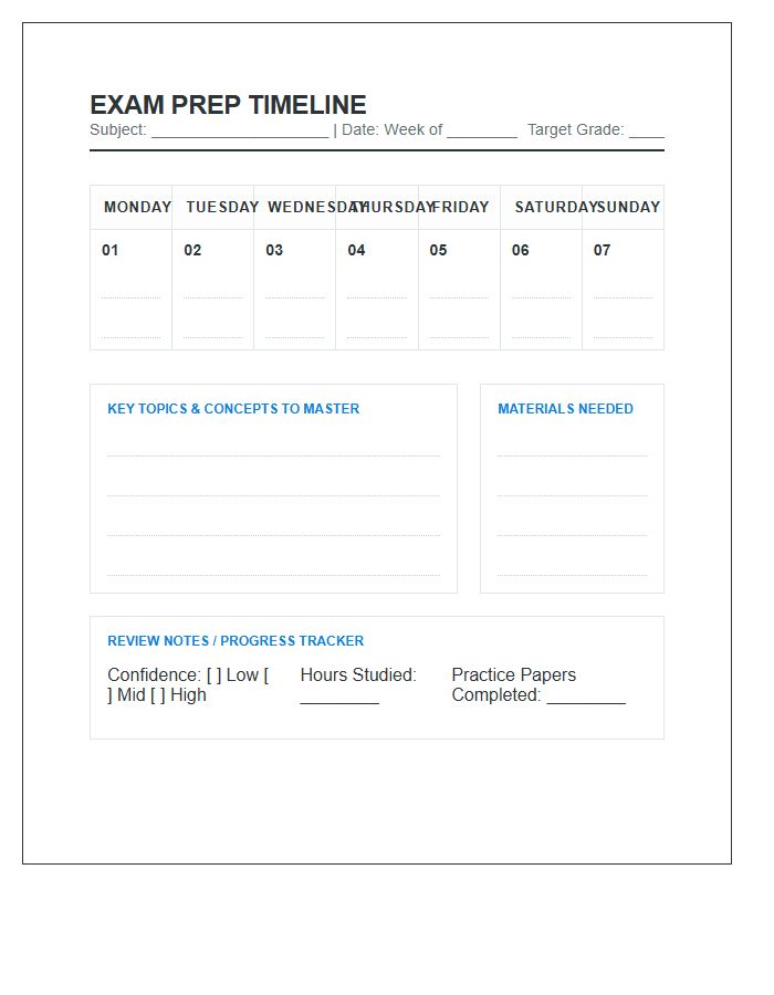 Weekly Exam Preparation Timeline Printable Chart