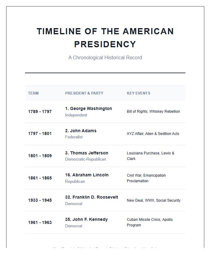 Detailed American Presidents Timeline Printable Chart