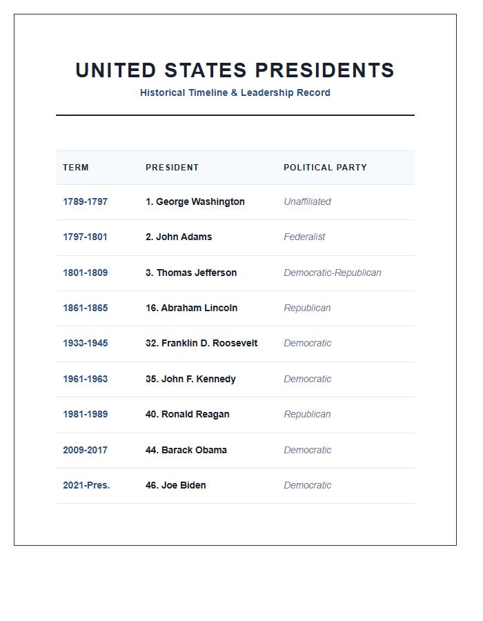 Informative United States Presidents Timeline Printable Chart