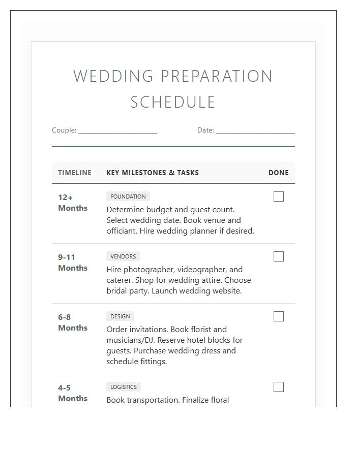 Comprehensive Wedding Preparation Schedule Printable Chart