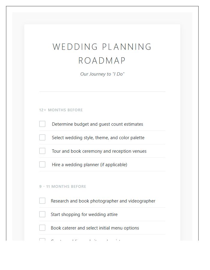 Detailed Wedding Planning Roadmap Printable Chart