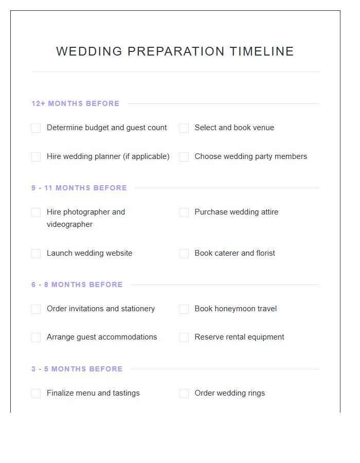 Efficient Wedding Preparation Timeline Printable Chart