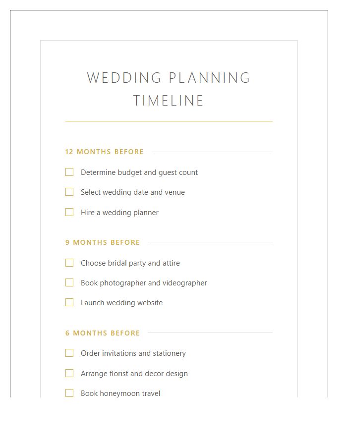 Elegant Wedding Planning Timeline Printable Chart