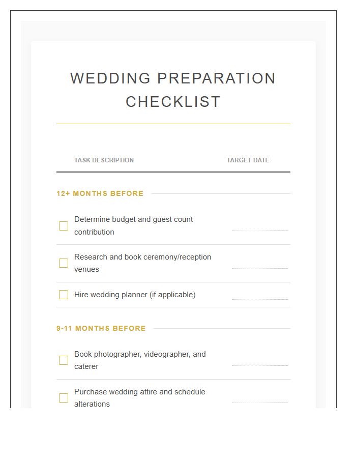 Essential Wedding Preparation Checklist Printable Chart